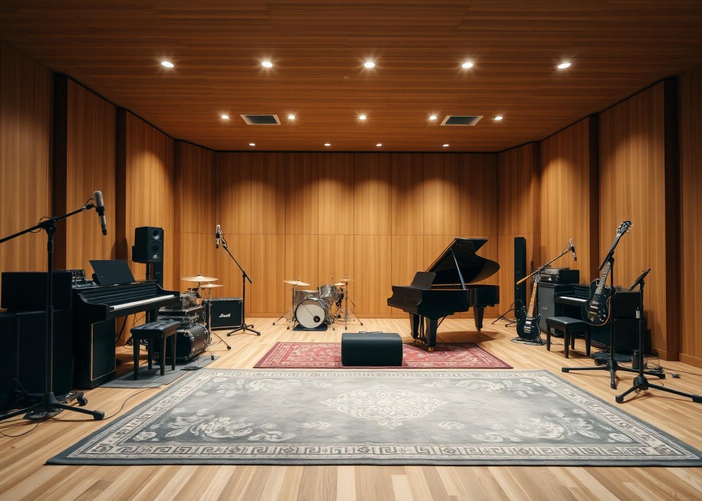 Live room studia s pianem, bicími a mikrofony